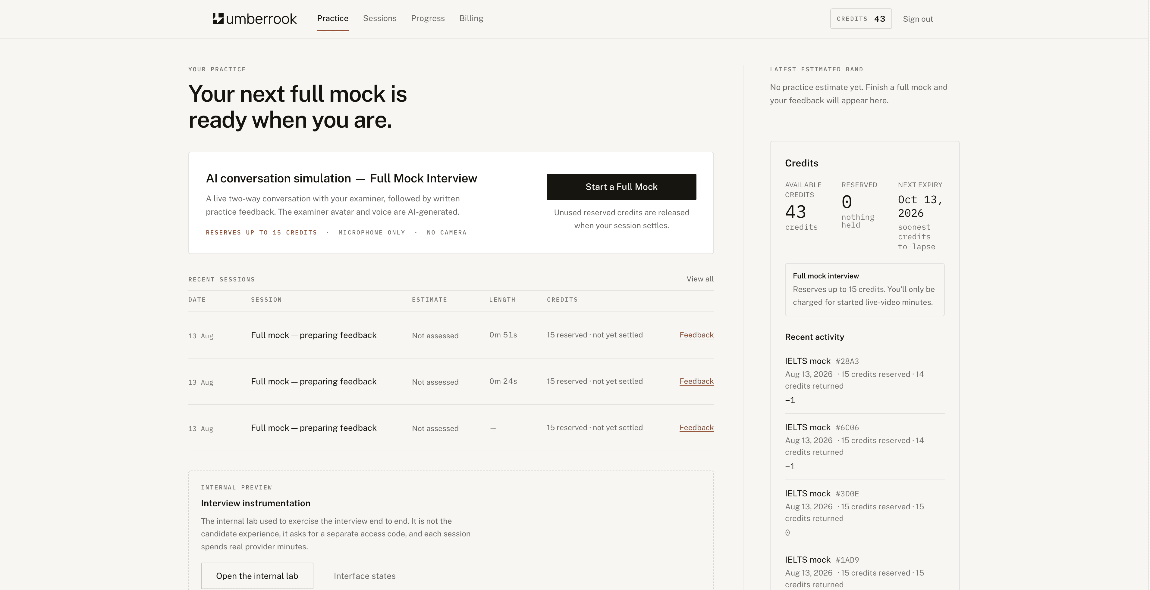 The UmberRook practice dashboard showing a completed session's estimated practice feedback