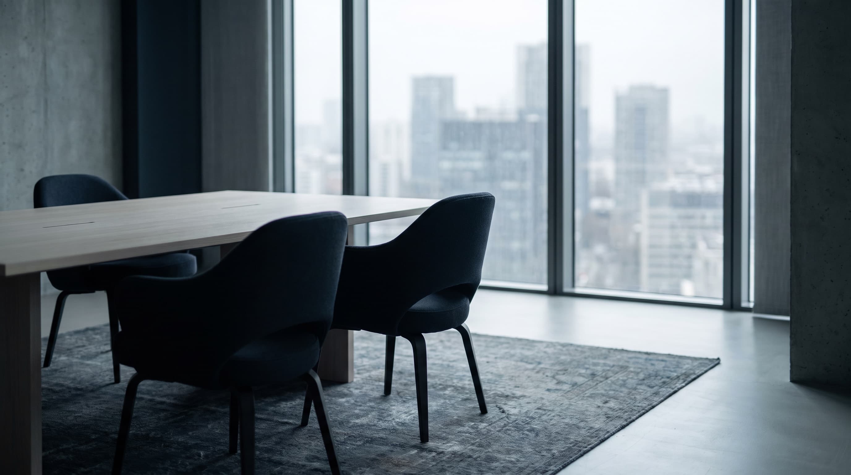 An empty meeting room: chairs around a table, and city windows behind